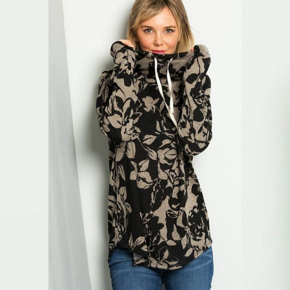 Turtle Neck Flower Detail Blouse Top Black - Picture 3 of 4